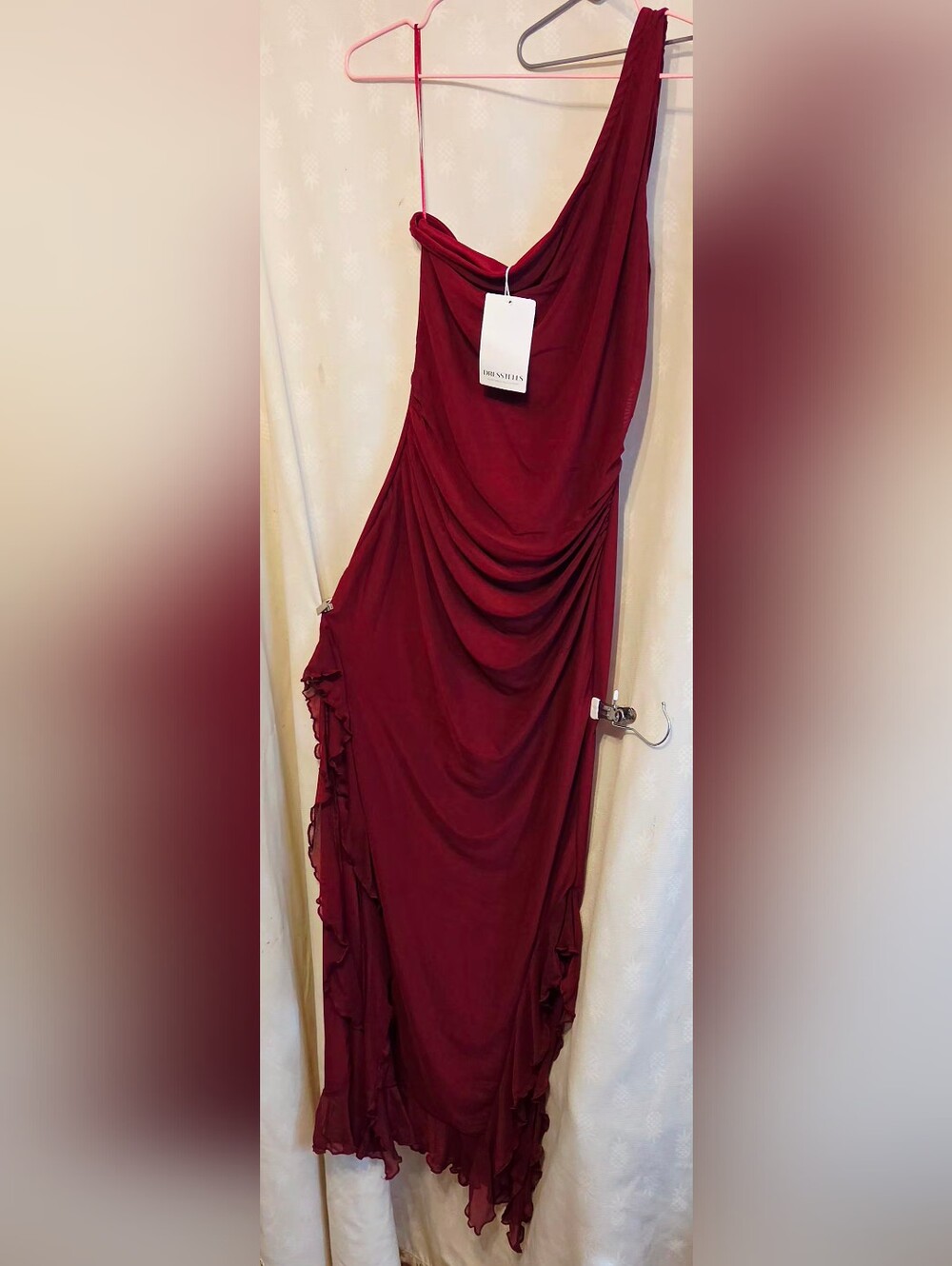 One-Shoulder Wine Ruffle-Slit Maxi Dress - Picture 2 of 6